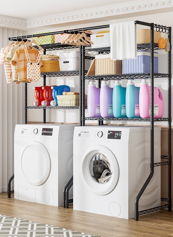 Forthcan Over-Washer Storage Rack, 3-Tier Laundry Organizer Shelving with Hanging Bar & Hooks, Freestanding Above Washing Machine, Adjustable Feet, 31.1" W × 19.7" D × 77.6" H - Image 3